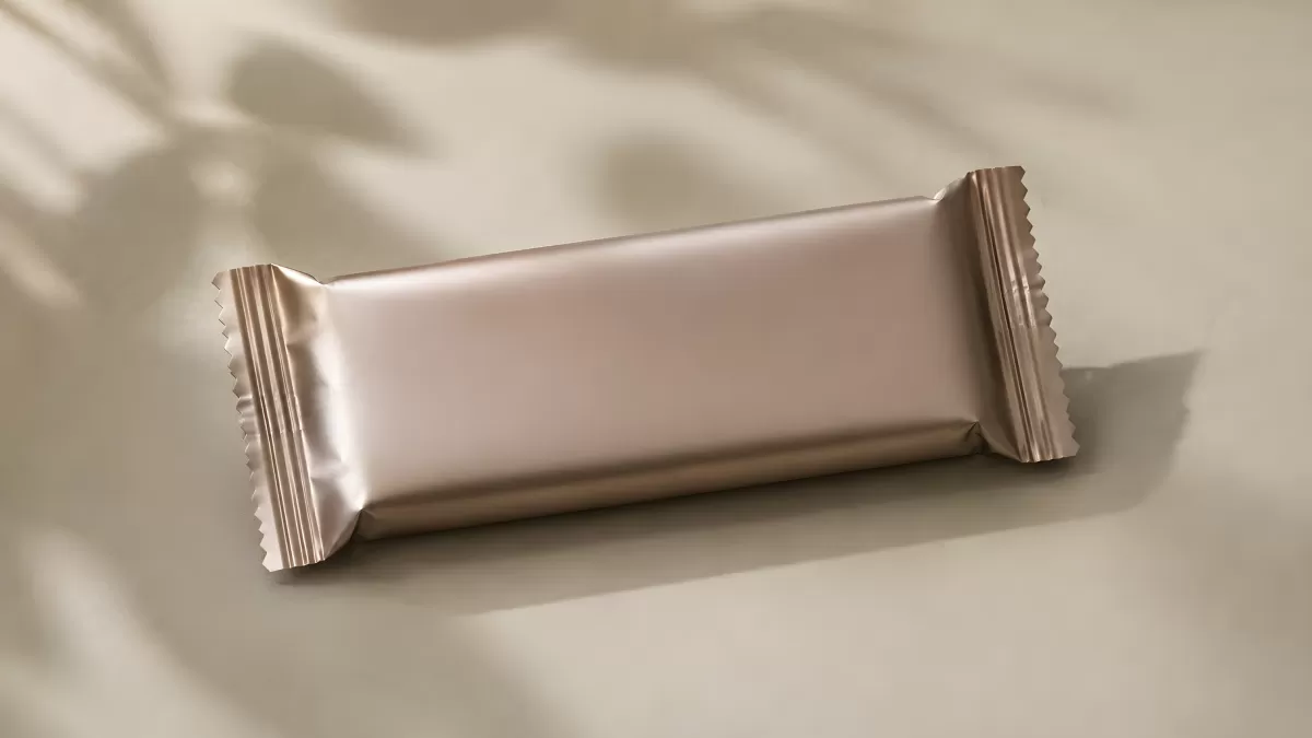Glänzende Süßigkeitenverpackung auf beigem Untergrund