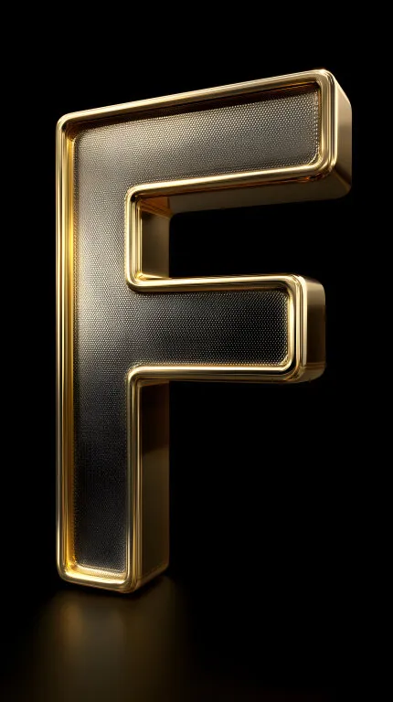 Glänzender goldener Buchstabe F mit strukturierter Oberfläche