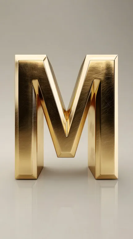 Glänzender goldener Buchstabe M auf hellem Hintergrund