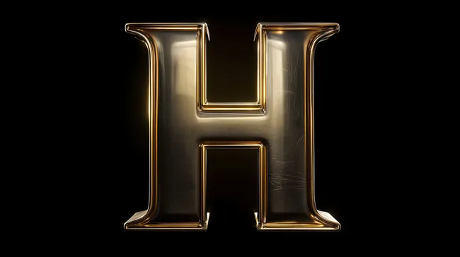 Glänzender, goldener Metallbuchstabe 'H' auf schwarzem Grund