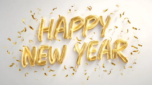 Glänzender goldener Neujahrs-Schriftzug mit Konfetti