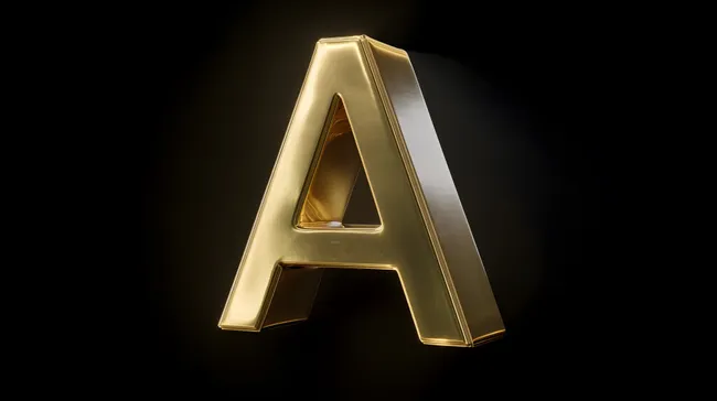 Glänzender goldfarbener Buchstabe 'A' mit Lichtreflexen