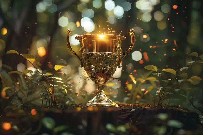 Glänzender Siegespokal im verzauberten Waldidyll