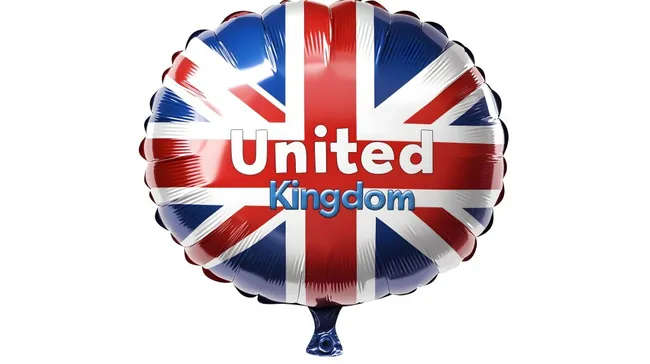 Glänzender Union-Jack-Ballon mit 'United Kingdom'-Schriftzug