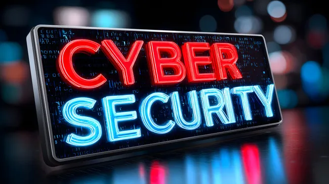 Glänzendes Cybersicherheit-Schild mit leuchtender Beschriftung