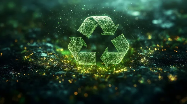 Glänzendes Recycling-Symbol auf dunkelgrünem Hintergrund