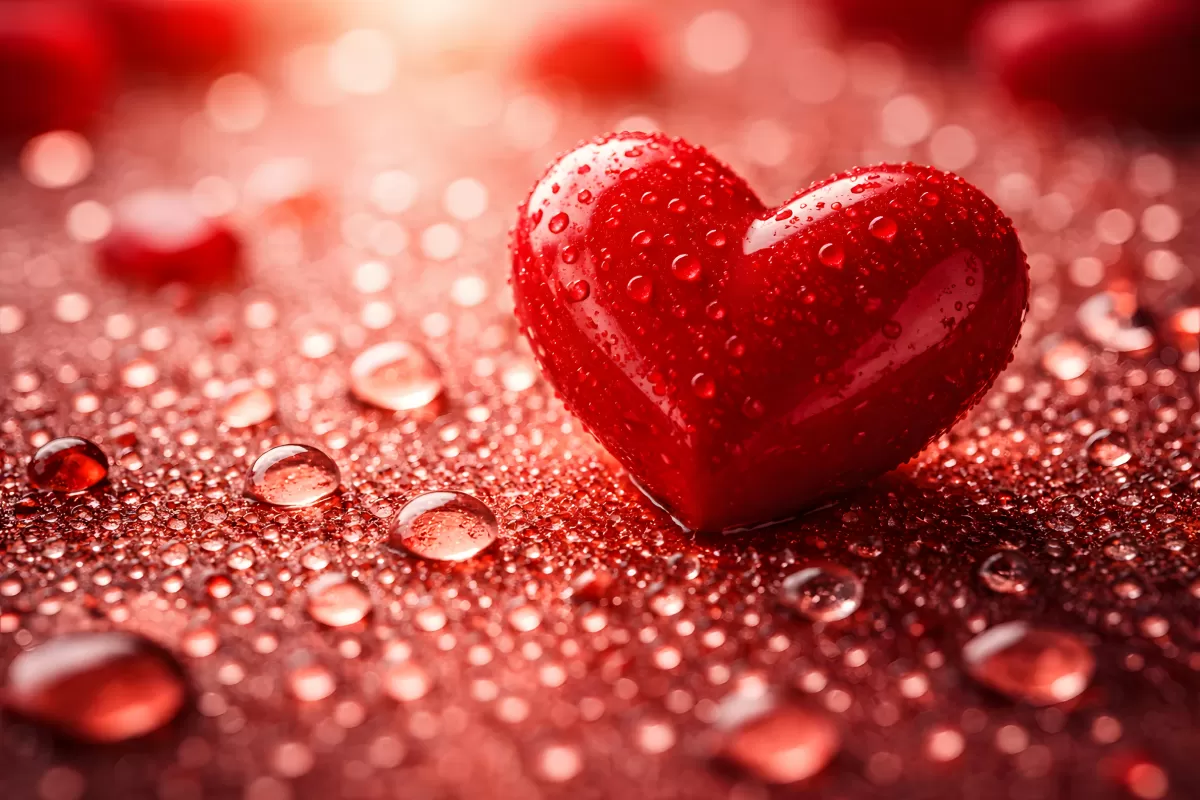 Glänzendes rotes Herz mit Wassertropfen