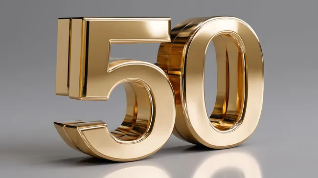 Glänzendes Zahlenlogo 50 in Gold auf grauem Hintergrund