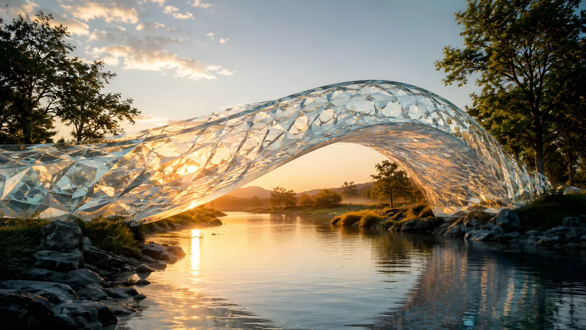 Gläserne Bogenbrücke über Fluss im Sonnenuntergang