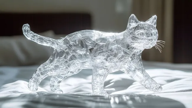 Gläserne Katze in sonnengetränktem Bett