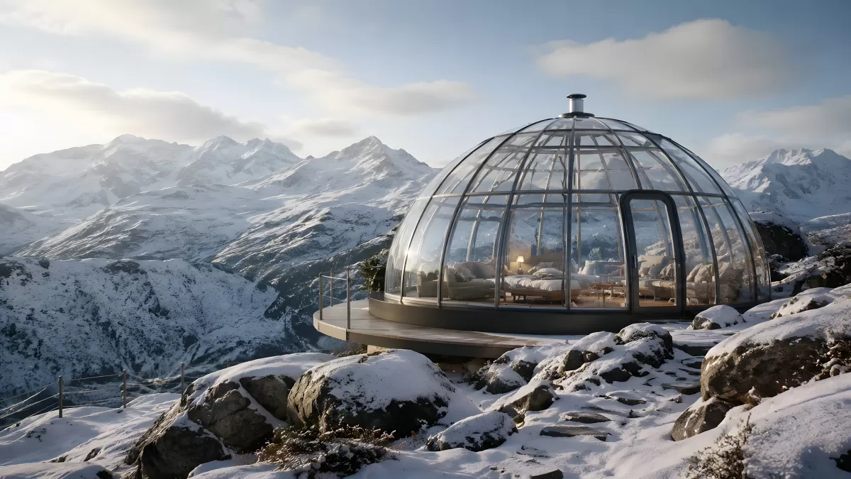 Gläserne Kuppel auf verschneitem Berggipfel