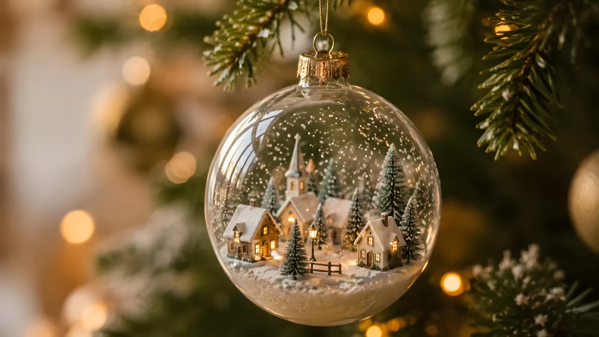 Gläserne Weihnachtskugel mit leuchtendem Miniatur-Dorf
