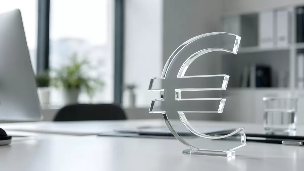 Gläsernes Euro-Symbol auf weißem Büroschreibtisch