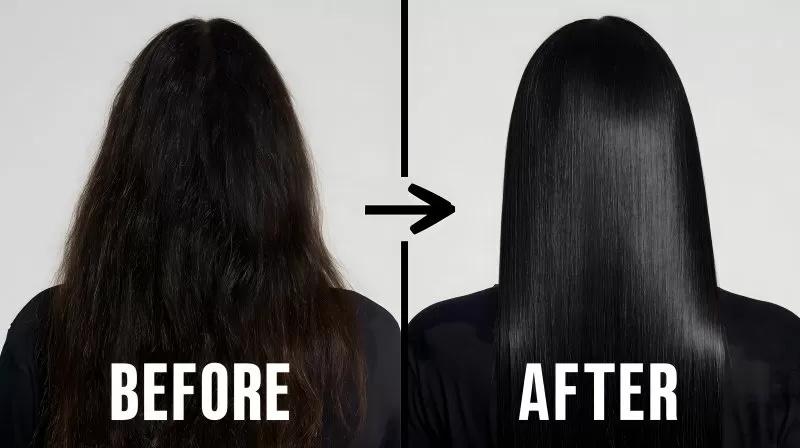 Glätteffekt auf dunklem Haar Vorher Nachher Vergleich