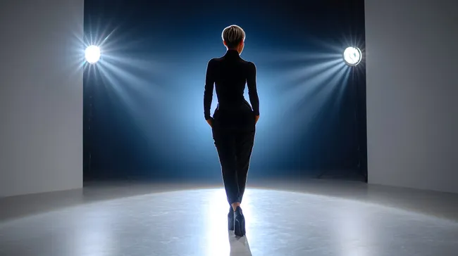 Glamourmodell im Scheinwerferlicht auf weißem Studiohintergrund