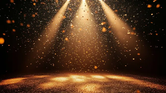 Glamouröse Bühnenbeleuchtung mit fallenden goldenen Konfetti