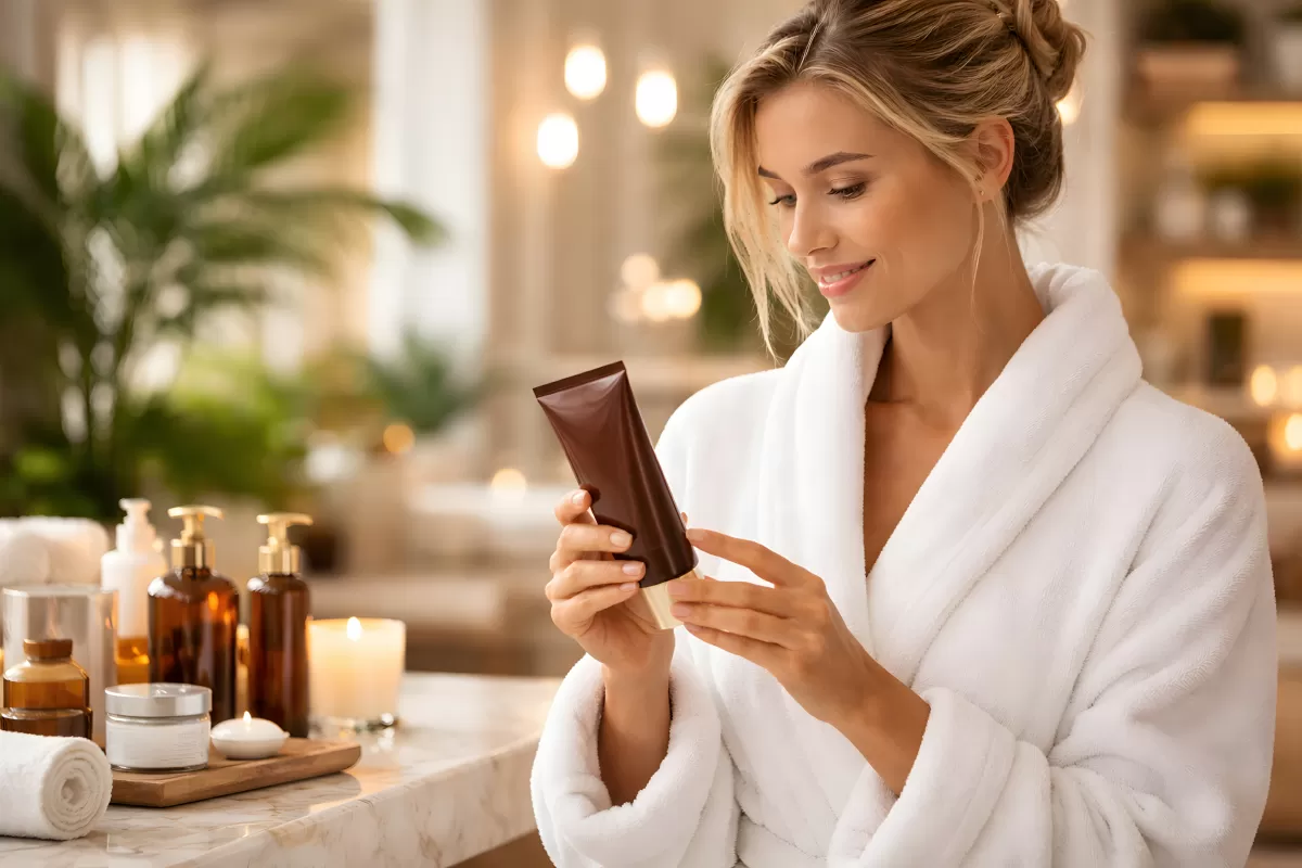 Glamouröse Frau genießt Wellness-Routine am Spa-Tag