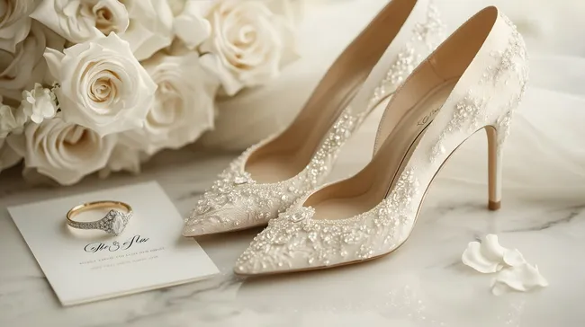 Glamouröse Hochzeitsschuhe mit Kristallen und Brautstrauß