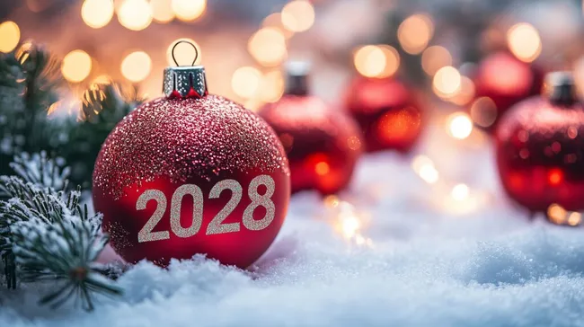 Glamouröse rote Weihnachtskugeln mit 2028 im Schnee