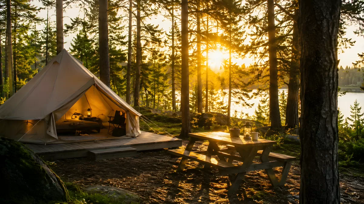 Glamping-Zelt im Wald bei goldenem Sonnenuntergang