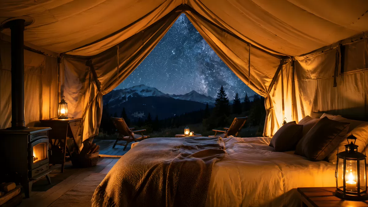 Glamping-Zelt mit Kaminofen und Sternenhimmel