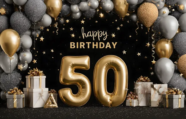 Glanzvolles 50. Geburtstagsfoto mit goldenen Luftballons und Geschenken