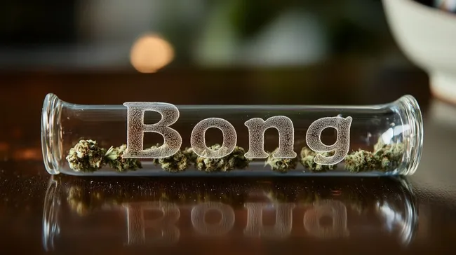 Glas-Behälter mit Cannabisknospen und Schriftzug