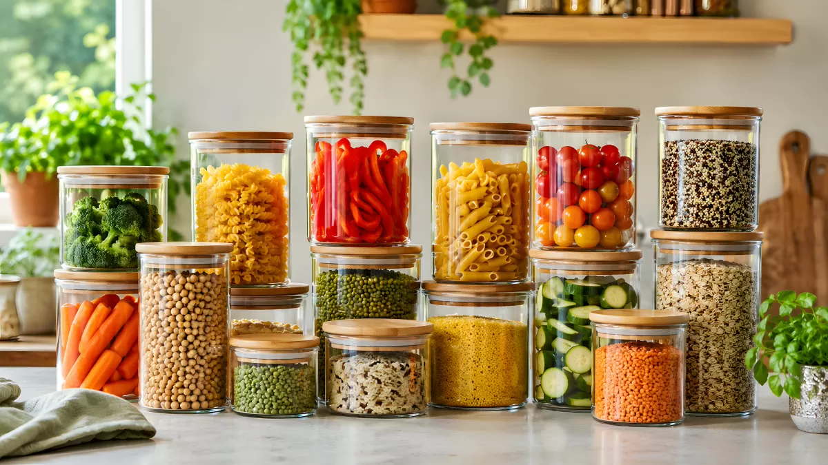 Glasbehälter mit Gemüse, Pasta und Hülsenfrüchten