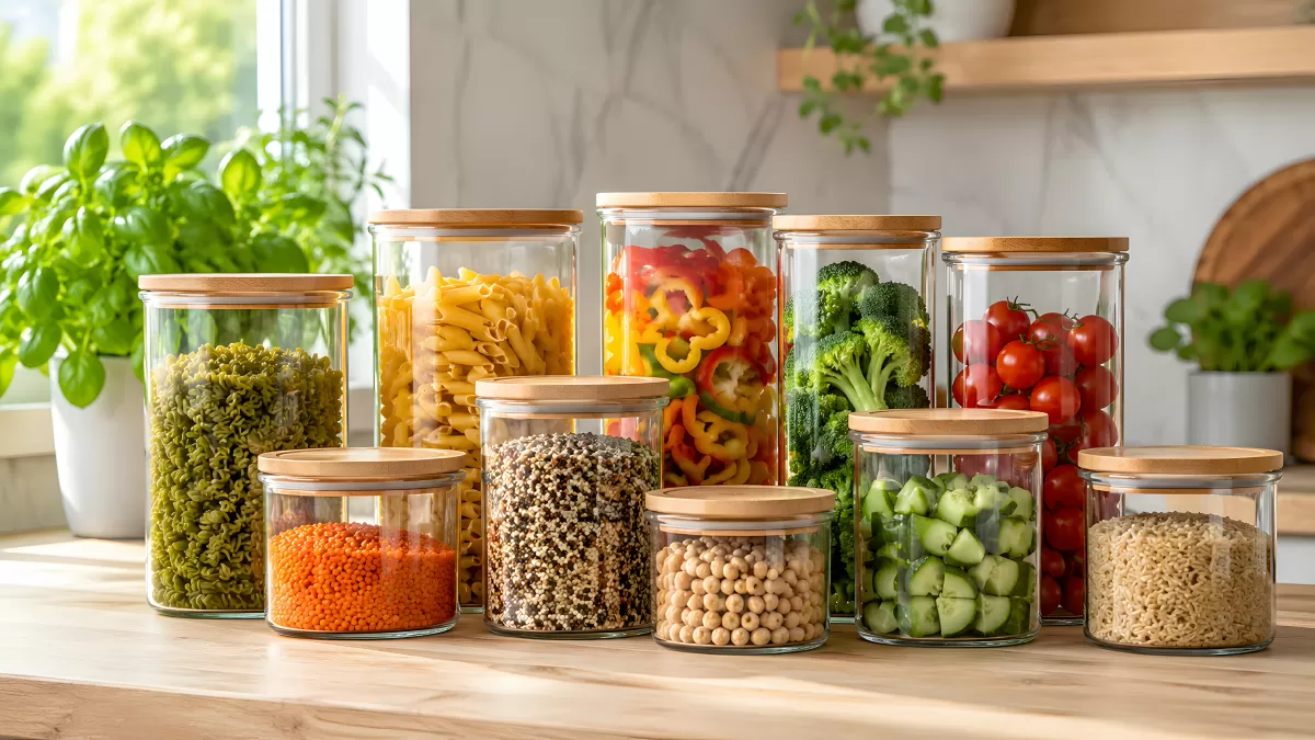 Glasbehälter mit Gemüse und Pasta in der Küche