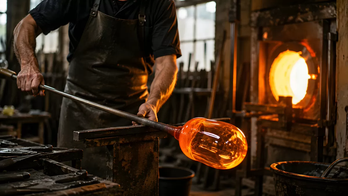 Glasbläser formt glühende Glasmasse in Werkstatt
