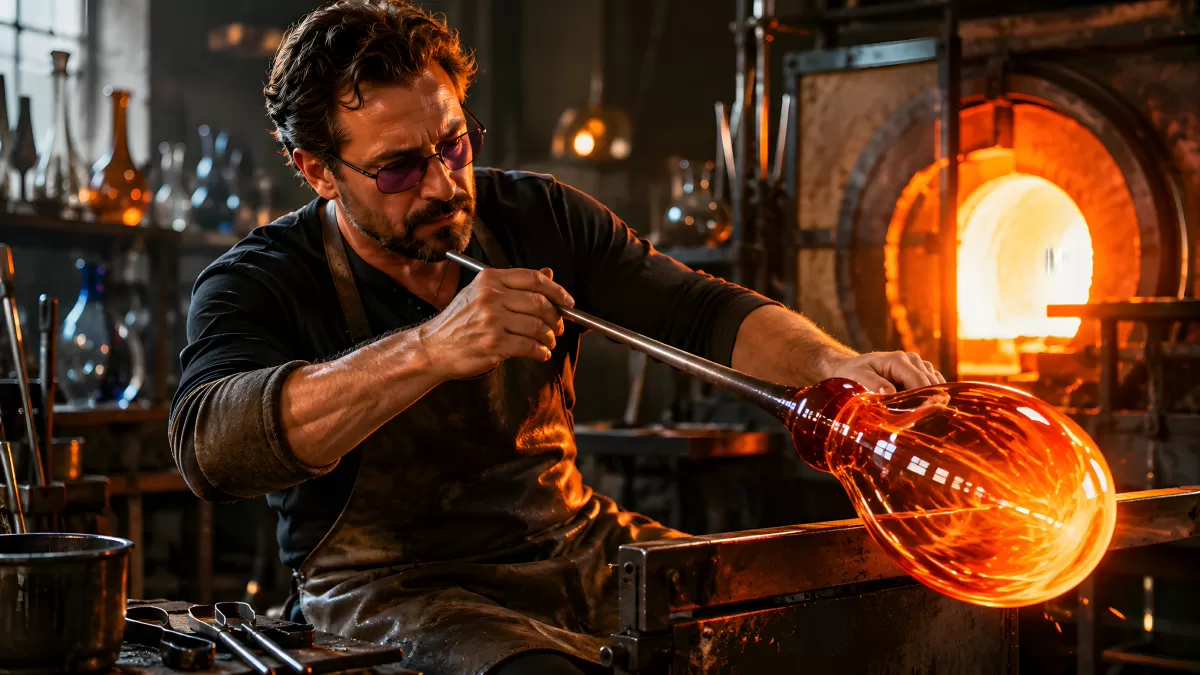 Glasbläser formt glühendes Kunstwerk in Werkstatt
