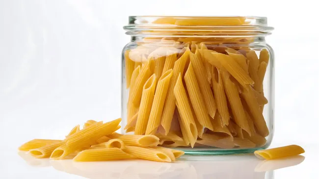 Glascontainer voller ungekochter Penne-Nudeln