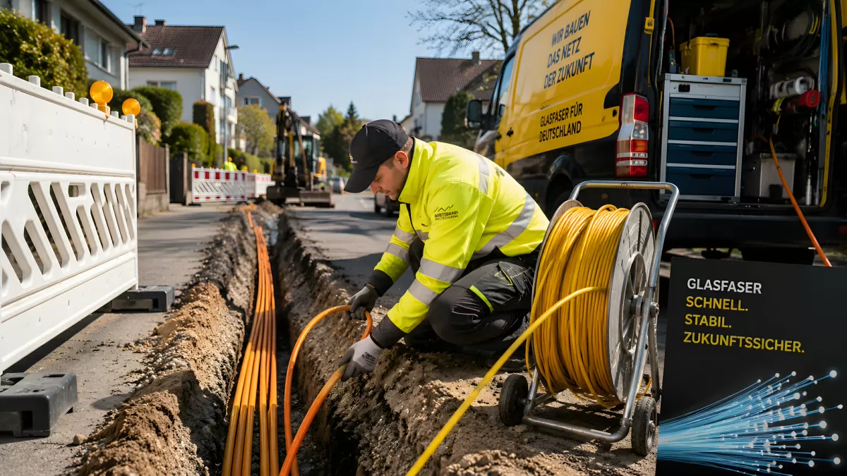 Glasfaser-Monteur verlegt Kabel im Straßengraben