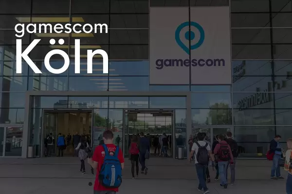 Glasfassade und Eingang der weltgrößten Videospiel-Ausstellung Gamescom in Köln