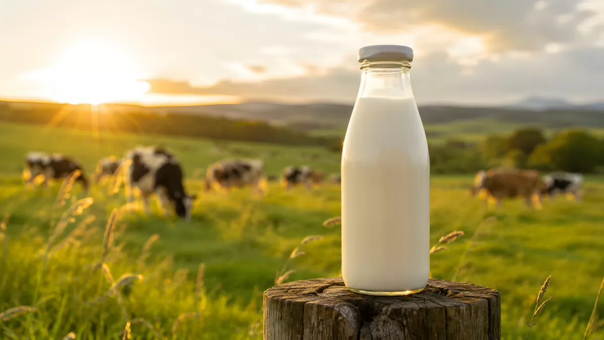 Glasflasche mit frischer Milch auf Baumstumpf bei Sonnenuntergang