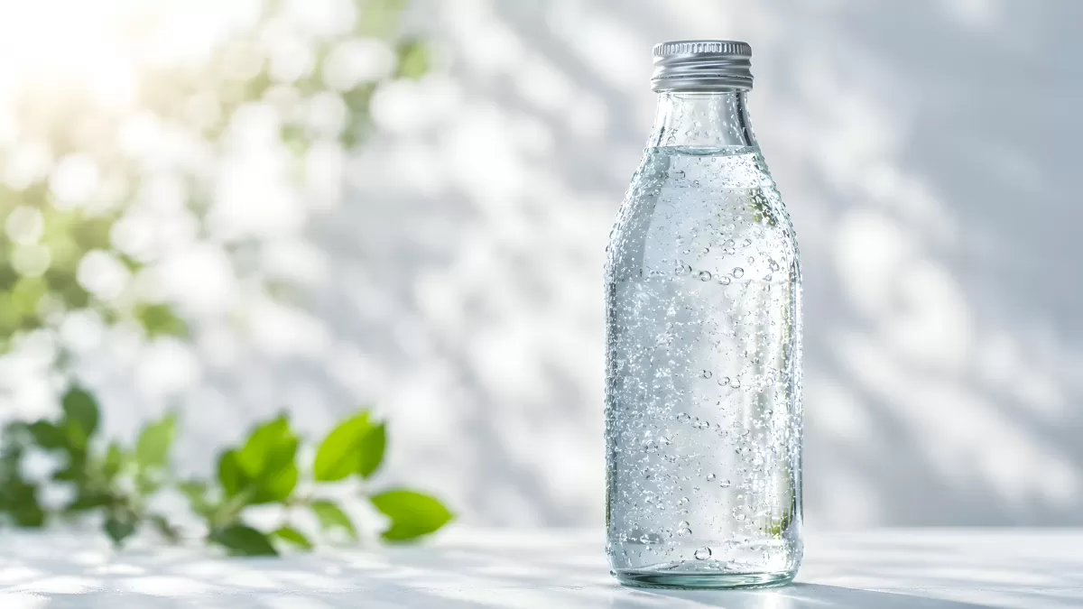 Glasflasche mit Mineralwasser und Sprudelblasen