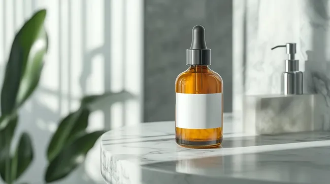 Glasflasche mit Pipette für Serum oder Öl auf Marmortisch