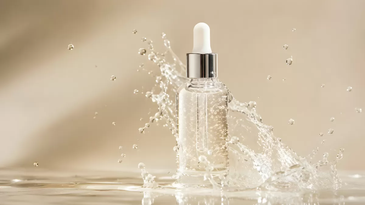 Glasflasche mit Pipette und Wasserspritzer auf Beige
