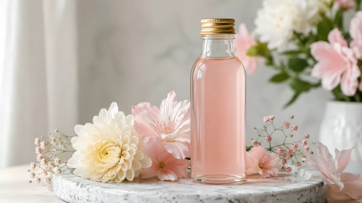 Glasflasche mit rosa Flüssigkeit zwischen Frühlingsblumen