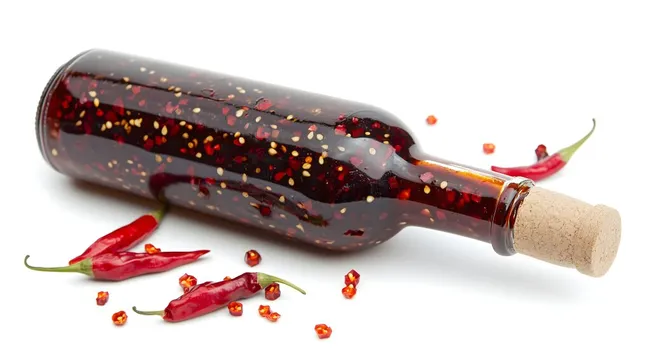 Glasflasche mit selbstgemachter scharfer Chilisauce