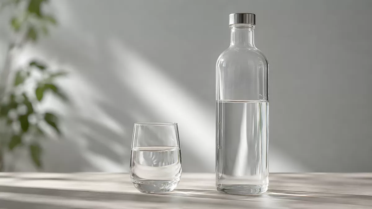 Glasflasche und Trinkglas mit klarem Wasser