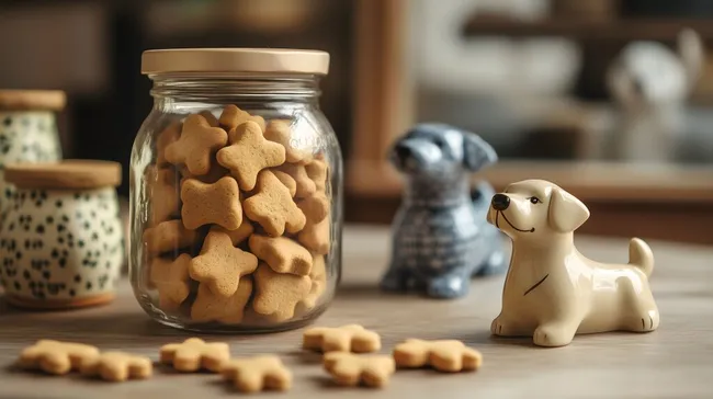 Glasgefäß mit leckeren Hundekeksen und Figuren auf Holztisch