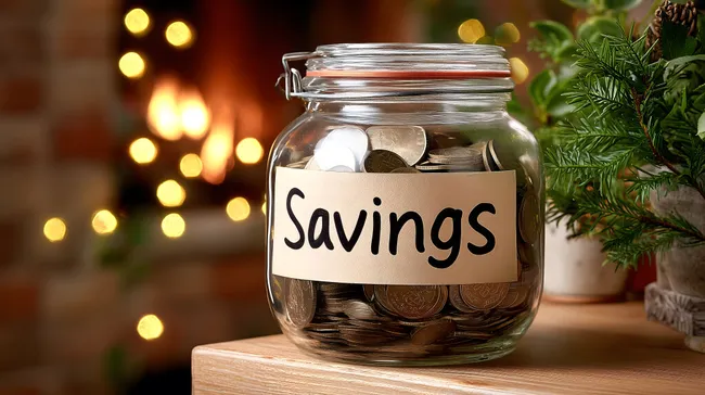 Glasgefäß mit Münzen und 'Ersparnisse'-Etikett in Weihnachtsambiente