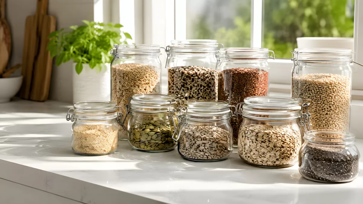 Glasgefäße mit Samen und Getreide auf Marmortheke