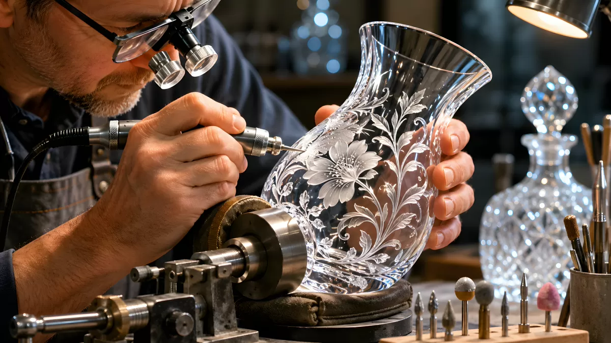 Glasgraveur verziert Kristallvase mit Blumenmotiv