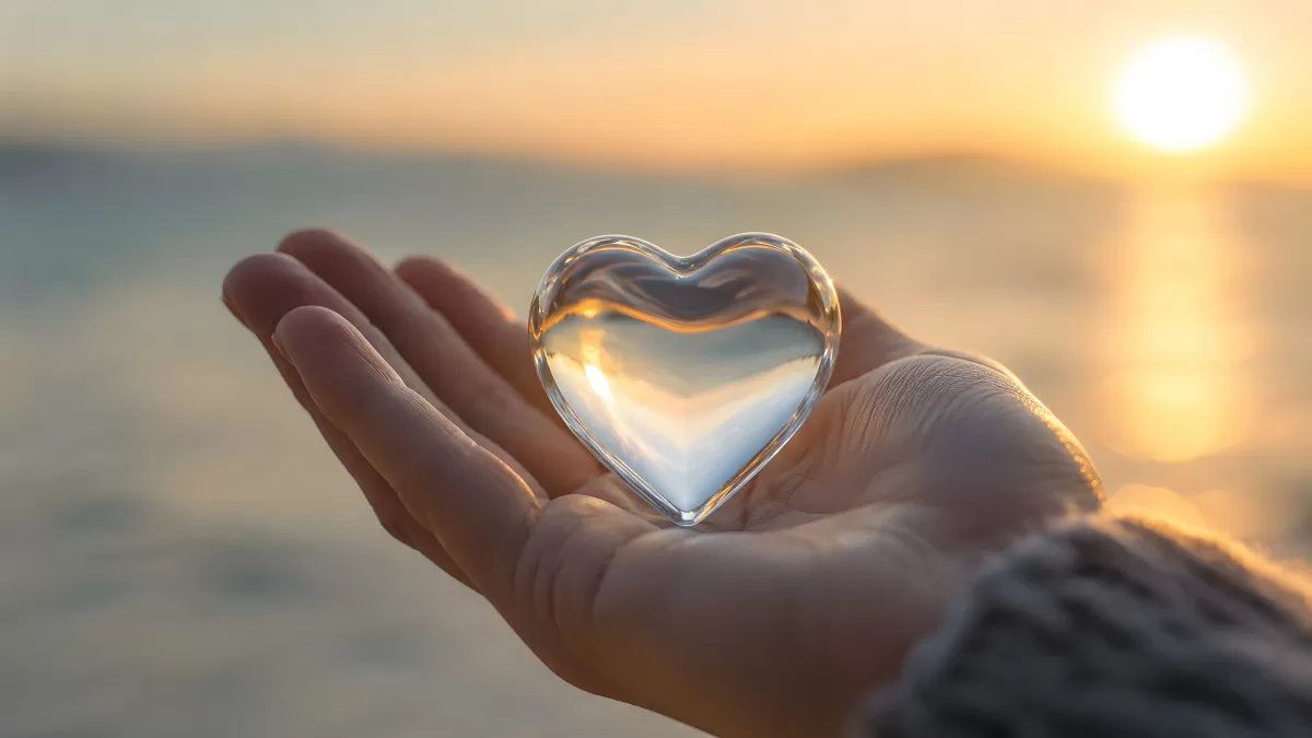 Glasherz in einer Hand vor goldenem Sonnenuntergang
