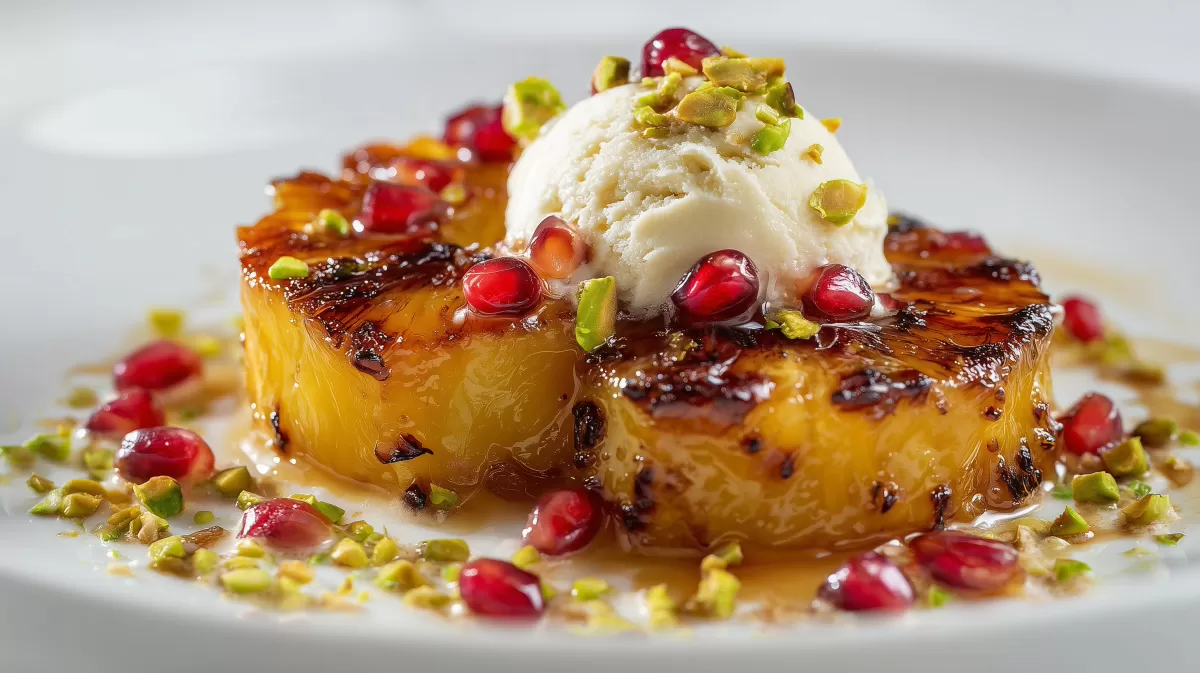 Glasierte Ananas mit Vanilleeis und Granatapfel