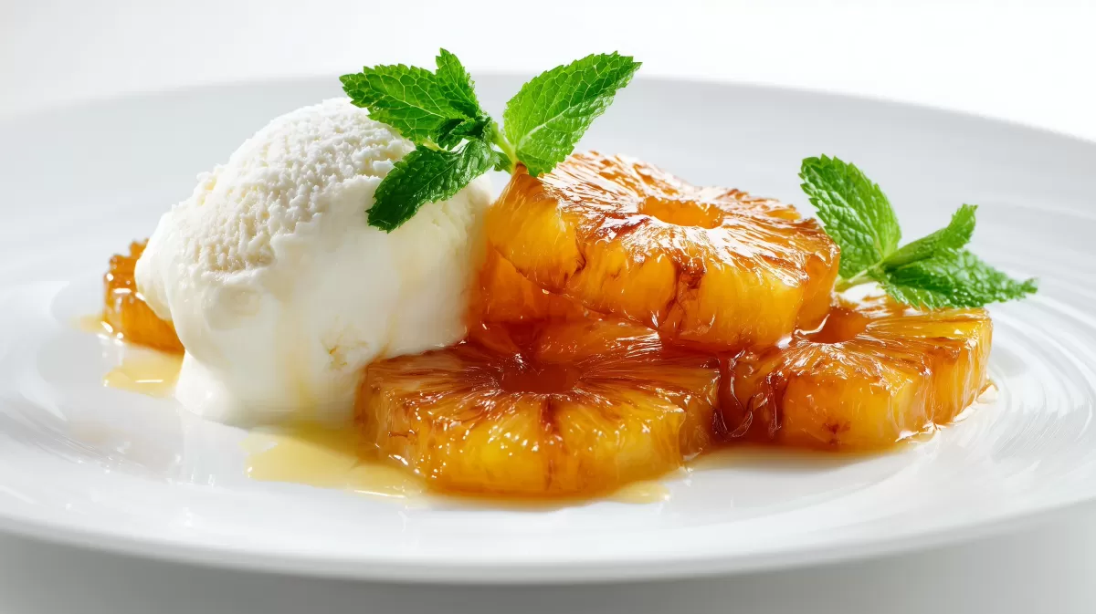 Glasierte Ananas mit Vanilleeis und Minze