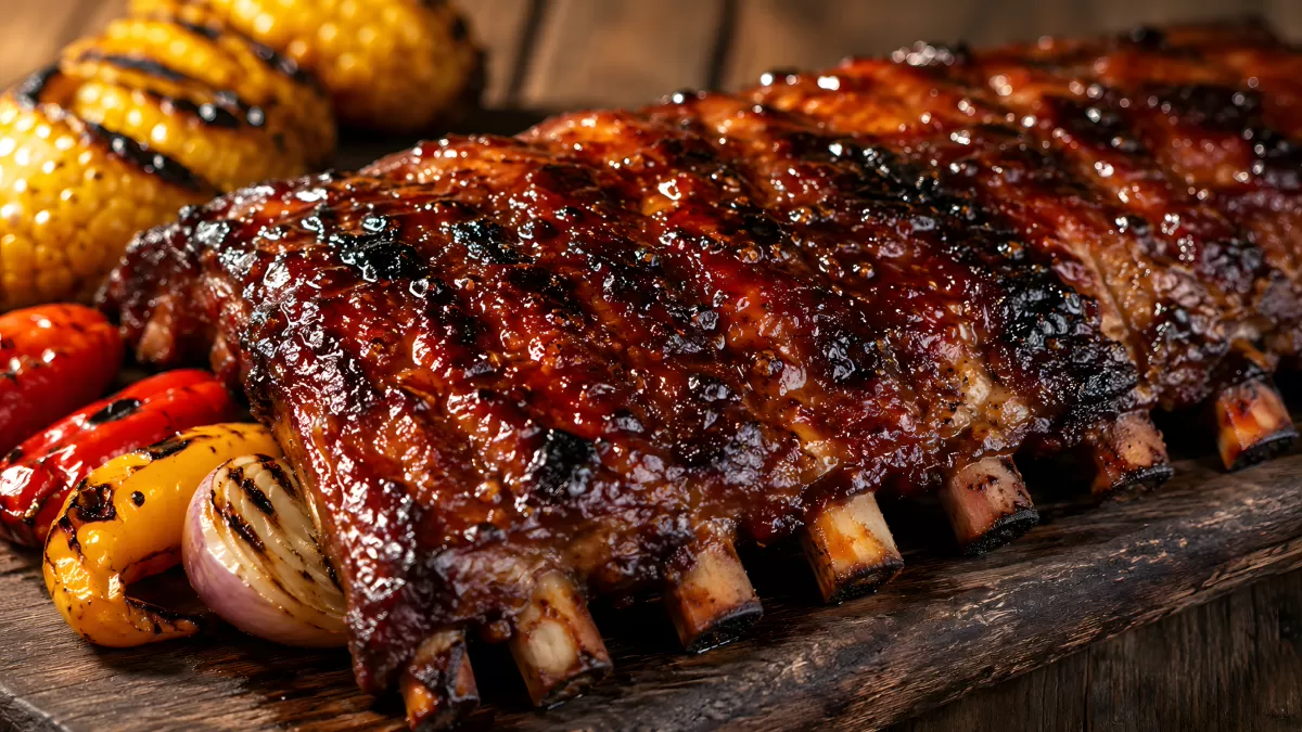 Glasierte BBQ-Rippchen auf Holzbrett mit Grillgemüse
