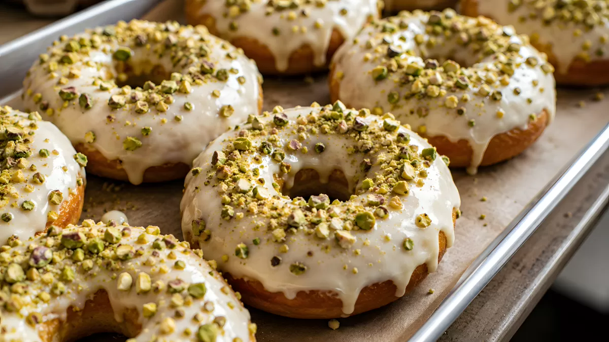Glasierte Donuts mit gehackten Pistazien auf Backblech